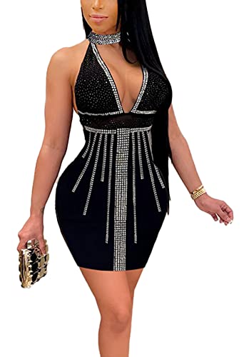 Sexy Club Dress For Women Choker Neck Sleeveless Backless Rhinestone Bodycon Mini Party Date Night Birthday Dress Black L #TOP1