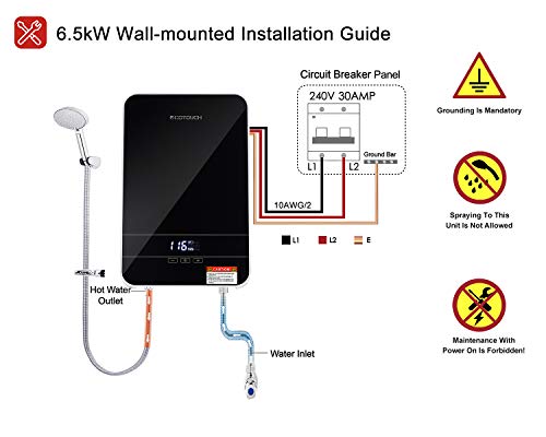 Electric Tankless Water Heater, ECOTOUCH 6.5KW 240V Smart Mini Water Heater Self-Modulating Showering Instant Hot Water Heater ECO65 Black - Thumbnail 5