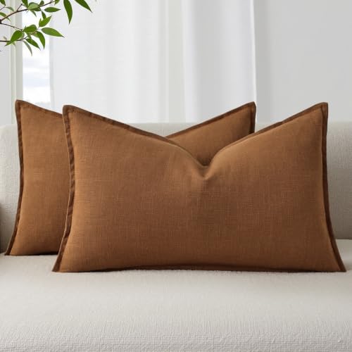 Image of decorUhome Fall Decorative Linen Throw Pillow Covers 12x20 Inch Set of 2 Brick Lumbar Neutral Pillow Covers with Flange Edges Soft Farmhouse Boho Accent Pillow Cases for Couch Bed Living Room