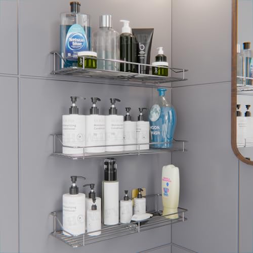 Image of Stainless Steel Bathroom Wall Shelf Without Drill | Self Adhesive No Drill Wall Shelf Storage for Bathroom Kitchen | Wall Mounted Washroom Organiser Shelf Magic Sticker Rustproof (Set of 3)