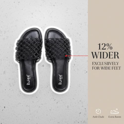 Image of Ruiee Wide Width Flat Sandals for Women. | Wide Width Sandals, X-Wide Feet Slides, Summer Braided Flat Slides, Versatile, Fashion Comfort