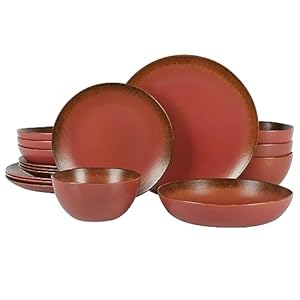 Oprah’s Favorite Things – Palermo Sun Double Bowl Stoneware Reactive Glaze Plates and Bowls Dinnerware Set – Paprika Red, Service for Four (16pcs)