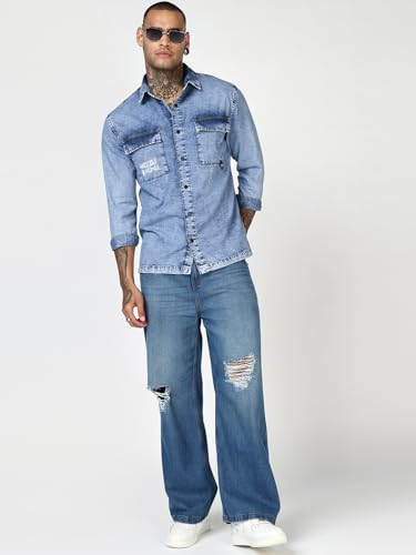 Chemise en pur coton indigo homme vêtement manches longues col classique - 5