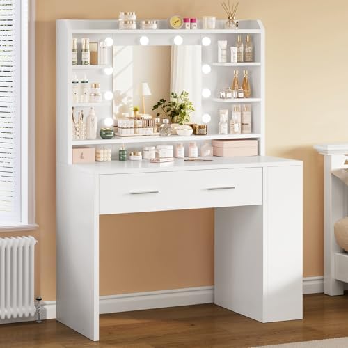 TEENFON Vanity Desk with Large Mirror & 10 Lights, Makeup Vanity with 3-Tier Open Side Storage Shelves, Vanity Table with 3 Color Light Adjustable for Bedroom, White, 40×80×143CM — view 7