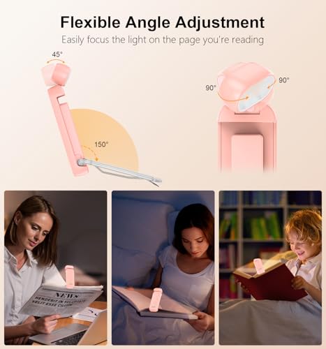 Image of Gritin Reading Light, Rechargeable Book Light for Reading in Bed | Eye Caring 3 Color Temperatures, 5-Level Dimmable Brightness, Long Lasting, Compact Size Clip on Book Lamp for Bookworms-Pink