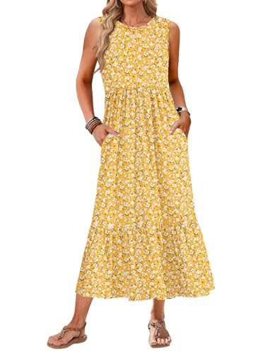 AUSELILY Womens Summer Dresses 2025 Sleeveless Maxi Dress Crewneck Casual Flowy Tiered Sundresses with Pockets