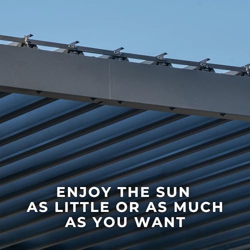 Image of Backyard Discovery Evanston 20'x10' Galvanized Steel Wall-Mounted Louvered Pergola Kit with Adjustable Roof, Shade, Rain Protection, High-Wind Rating, PowerPort, Gutter System for Outdoor Patio, Deck