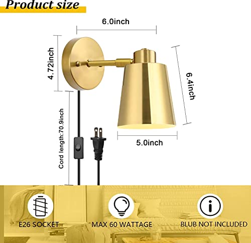 Yollzey Plug In Wall Sconces, Gold Wall Lamp Swing Arm Wall Lights With Plug In Cord Metal Gold Vintage Industrial Wall Mounted Light Reading Light Fixtures For Bedside Bedroom Doorway(2 Pack) #TOP1