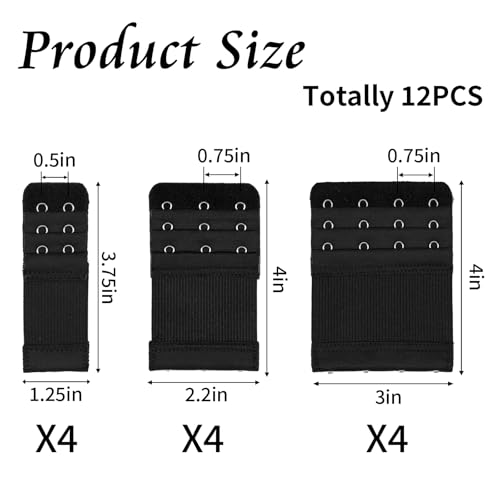 Image of PEASUG 12 PCS Bra Extenders 2 Hook / 3 Hook / 4 Hook Elastic Extension Strap Plus Size, Comfortable Soft Stretchy Bra Extension Strap (black)