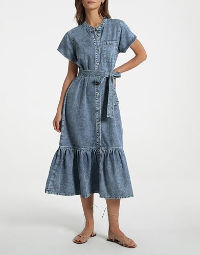 Image of Kedera Summer Button Down Denim Shirt Dresses for Women Maxi Ruffle Short Sleeve Flowy Tiered Beach Sun Dress