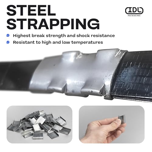 Image of IDL Packaging PRO 5 /8 inch x 600' Steel Strapping Kit, 1400 lbs Break Strength - Professional Grade Tools & Mini Strapping Coils - Enough Strapping and Seals for 300 Uses Before Refill