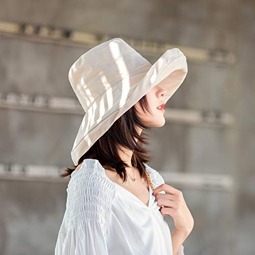 Yelesley Cotton Linen Wide Brim Bucket Hats For Women Foldable Beach Sun Protection Hats With Chin Strap Beige #TOP3