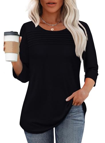 OFEEFAN Womens Tops 3/4 Length Sleeve Blouses Dressy Casual Spring Summer Fall Outfits Pleated Front T Shirts Curved Hem2