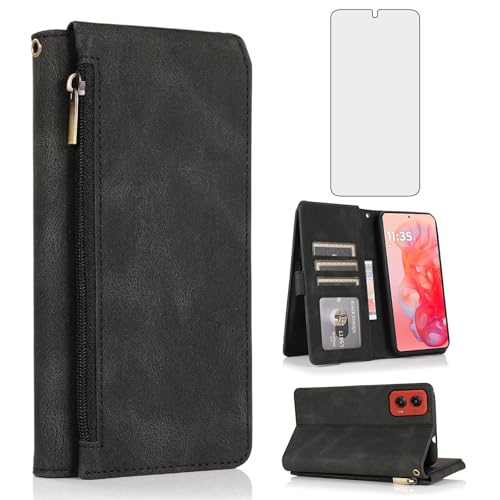 Housse portefeuille G5 cuir noir Asuwish avec verre trempé écran