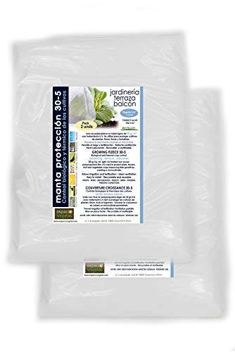 Espacio Vegetal Malla ANTIHELADA .Pack 2 unds. Plegada de 5m² de 30gr. Medidas 1 x 5m. Protege de Bajas temperaturas los Cultivos de Plantas, Flores, hortalizas y Frutas.