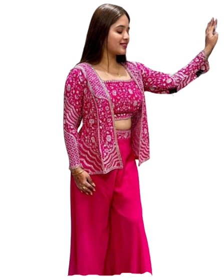 Lehenga Koti For Womens And Girls Ready To Wear Hevay Chinon Fabric With Multicolour Embroidey Work SeqinsBlouse With Palazzo Pink-image-15
