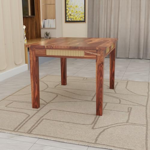Image of Solid Sheesham Wood 4 Seater Dining Table Set for Home and Kitchen, Rattan Dining Table 4 Seater with Chairs Cane Furniture, Dining Set