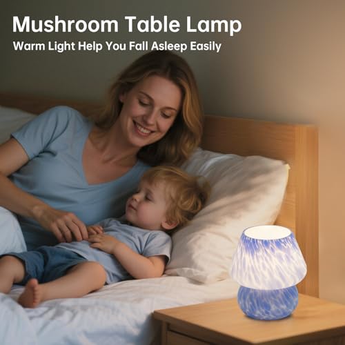 Image of Dawnwake Mushroom Lamp Table Lamp for Bedroom,Small Desk Bedside Lamps for Living Room,Mushroom Decor Cute Mini Modern Mid Century Lamps for Night Stands (Flame Blue)