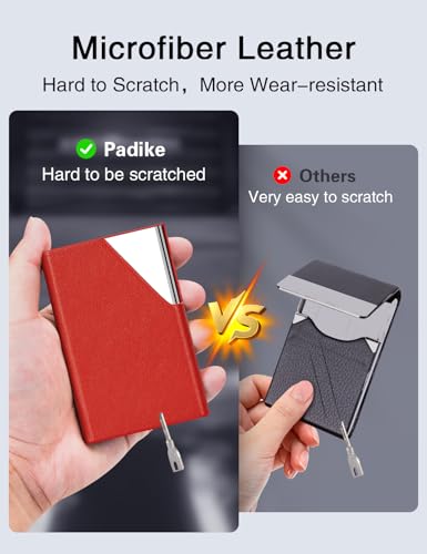 Image of Padike Business Card Holder, PU Leather & Stainless Steel Multi Card Case for Men & Women, Name Card Holder, Credit Card Wallet, ID Case /Holder with Magnetic Closure (Red)