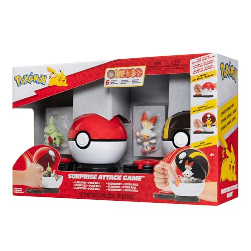 Pokémon Surprise Attack Game - 5.1 cm Larvitar und Scorbunny mit Poké-Ball und Ultra-Ball Plus 6 Angriffsscheiben