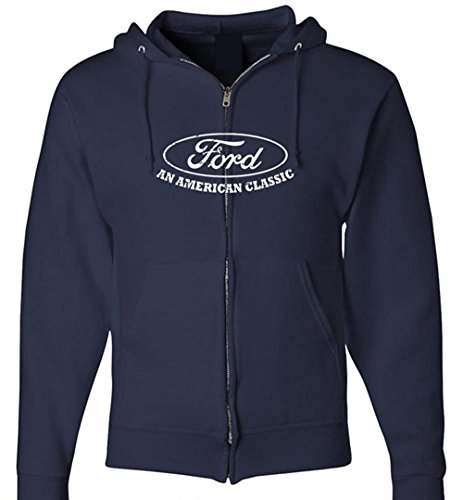 Lucky Ride Ford Hoodie Ford An American Classic Car FULL ZIP Hooded Sweatshirt, Navy,Large