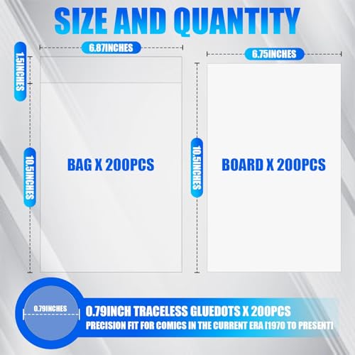Image of 200 Pack Current Comic Book Bags and Boards, 6.87 inch x 10.5 inch Clear Comic Book Sleeves, Acid-Free Thick Comic Backing Boards for Collectible Book Storage
