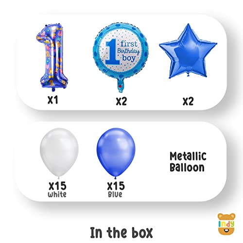 Image of Just Party 35 Pcs 1st Birthday Decoration Kit Balloons For Baby Boy,Blue Star, Printed First Birthday Boy,White & Blue Metallic