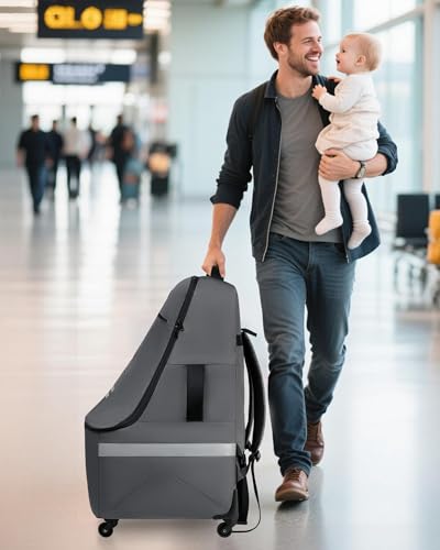 Image of MCBD Car Seat Travel Bag for Airplane, Foldable Baby Carseat Backpack for Travel Padded Carseat Carrier for Airport Gate Check, Infant Stroller Cover with Reflective Strips