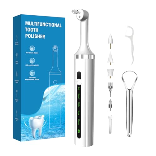 Image of Plaque or Electric Tartar Polishing Teeth Kit with LED Light 5 Speed Modes with 5 Replacement Brush Heads (White)