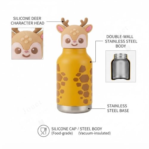 Image of JOUET Kids Stainless Steel Water Bottle 280ml with Cute Giraffe Character Lid, Yellow Leakproof Drinking Bottle for School, Travel & Daily Use