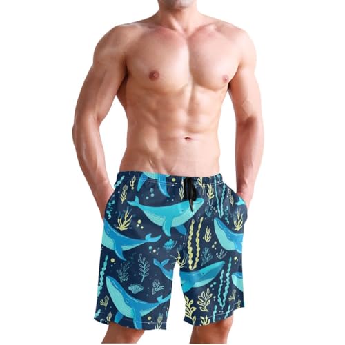 Ocean Whale Seaweed Blue Mens Swim Trunks Quick Dry Beach Shorts with Pocket S 23031624