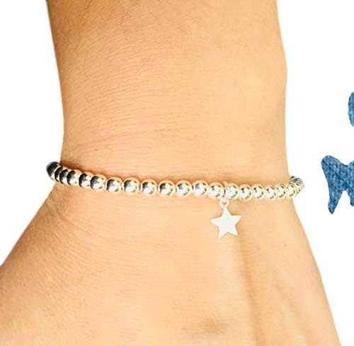 Silver Colour Round Beads With Star Charm Stretchable Bracelet