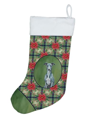 Caroline's Treasures Blue Whippet Christmas Poinsettas Holiday Stocking Double-Sided Print, Polyester Suede,11x18, Made in USA