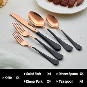 20-Pieces Rose Gold and Black Silverware Sets for 4,Black Handle Stainless Steel Cutlery Set, Include Forks Spoons and Knives Set, Dishwasher Safe Utensil Sets for Home Restaurant 20 Pieces Rose Gold and Black Silverware Sets for 4Black Handle Stainless Steel Cutlery Set Include Forks Spoons and Knives Set Dishwasher Safe Utensil Sets for Home Restaurant