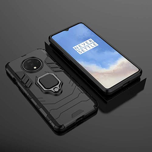 Image of WOW IMAGINE Shock Proof Back Case Mobile Cover for 1+ OnePlus 7T (Armor | Hybrid PC + TPU | Full Protection with Ring Holder Kickstand | Carbon Black)