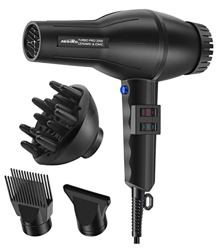 2000W Professional Hair Dryer, ARDIRO Negative Ionic Salon Hair Blow Dryer for Quick Drying with AC Motor, Hairdryer with Diffuser & Concentrator, 3 Heat & 2 Speed Setting for Women Men Kids -Black