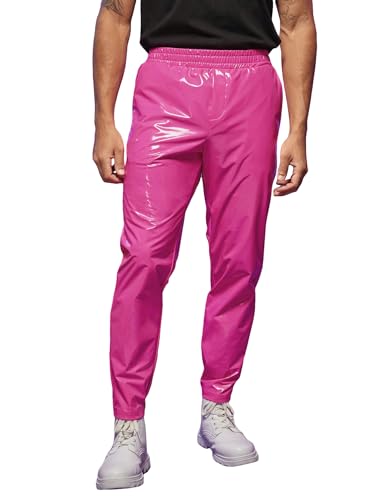 WDIRARA Men's Elastic Waist Pu Leather Pants Slant Back Pocket Solid Skinny Pants