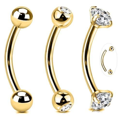 BodyAce 14G Surgical Steel Body Jewelry 14G Belly Button Rings Gold Curved Navel Barbells Silver Snake Eyes Piercings for Tongue Conch Eyebrow Rings [Gold;BL:12mm]