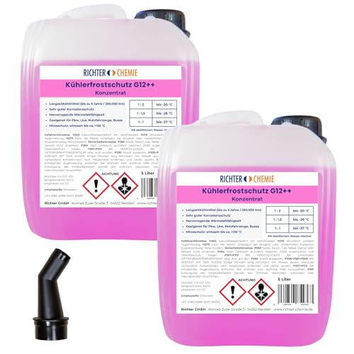 Richter Chemie Kühlerfrostschutz G12++ Konzentrat, 2 x 5L, Langzeitkühlmittel bis 5 Jahre, Frostschutz bis -37°C, für PKW & LKW