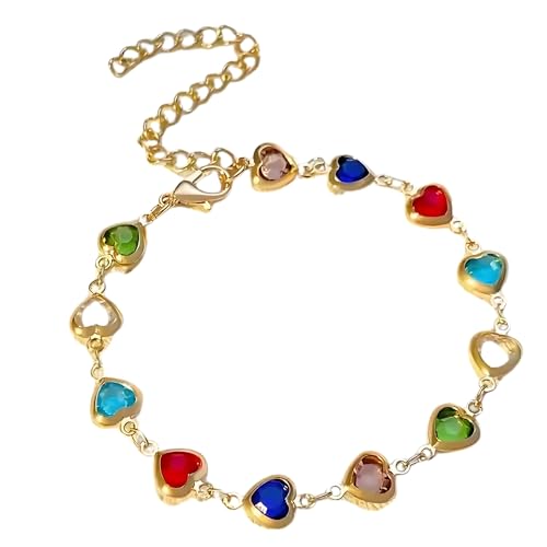 Gold Plated Heart Colorful Charm Bracelet, Clover Bracelet, 12 Synthetic Gemstones,Dainty Jewelry for Women, lightweight & comfortable, Use at Any Occasion,1 Count