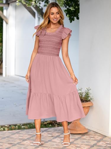 Image of Simplee Womens Summer Midi Dress Casual Boho Smocked Waist Flutter Sleeve A Line Flowy Tiered Dress with Pockets