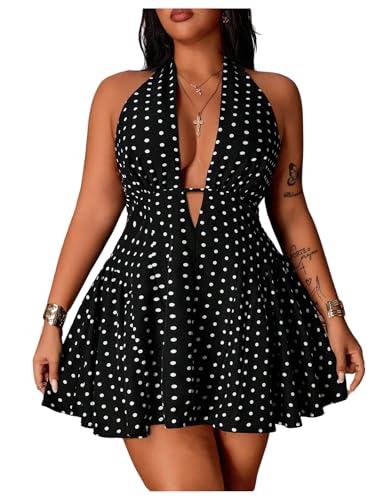 Floerns Womens Plus Size Cute Polka Dots Halter Mini Dress Ruffle A Line Going Out Dresses Black and White XX-Large Plus