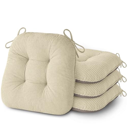 AddGrace Sitzkissen für Esszimmerstühle 4er Set rutschfeste Küchensitzkissen mit Bindebändern Gequetschte Dicke Sitzkissen für Küchen und Esszimmer Möbel 43x40x8 cm Beige