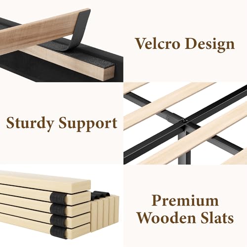 viplov King Size Bed Frame with Velvet Upholstered Headboard, King Bed Frame with Strong Wood Slats, Mattress Foundation, Box Spring Optional, Easy Assembly, Black - Image 5