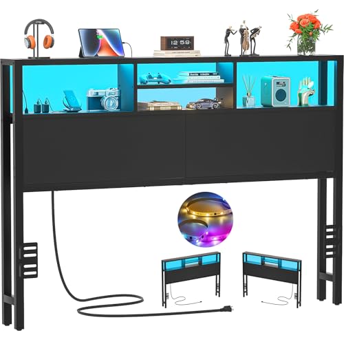iSunirm Cabecero 155 cm con estantes de Almacenamiento, con enchufes, Puertos USB y Pype C, luz LED, Solo cabecero, Altura Ajustable, Reversible, Resistente y Estable, Negro