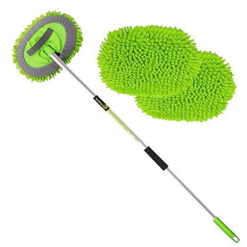 GreatCool 160cm Brosse Lavage Voiture Nettoyage &agrave; Manche Long Kit de Vadrouille, 2 en 1 Chenille Microfibre Balai Pinceau ​pour V&eacute;hicule Voitures Camion Caravane, Sans rayures(2 x T&ecirc;tes de Vadrouille)