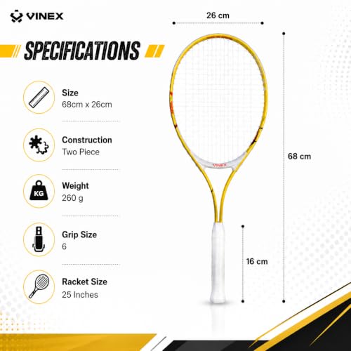 Image of VINEX VTEC T200 Tennis Racquet with Cover (Pack of 1) | 68 cm Aluminium Tennis Racket | Lightweight 260 g | Grip Size 6 | Two-Piece Strung Racquet with Carrying Bag | for Teens & Adults
