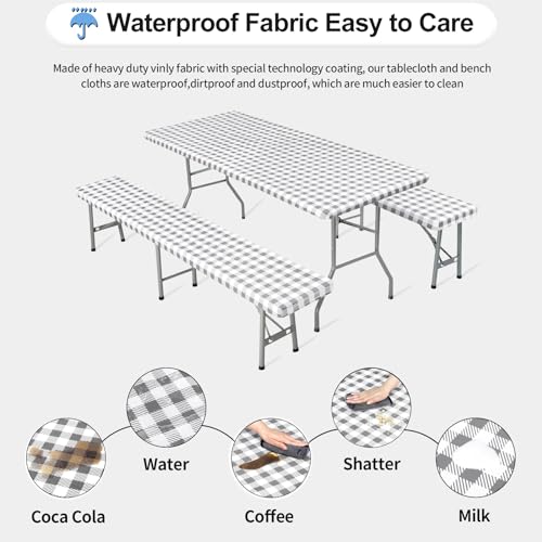 OutdoorLines Vinyl Fitted Picnic Table Cover with Bench Covers - Elastic Waterproof Camping Tablecloth for Picnic Table (Checkered Gray 96x30 Inch, 3 Pcs) by OutdoorLines - Image 4