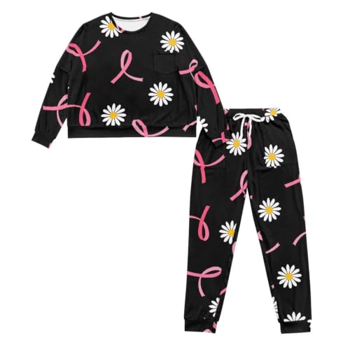 Image of Womens Lounge Set Long Sleeve Soft Pajama Sets | Casual 2 Piece Pj Outfit, Crewneck Sleepwear with Pockets, Adjustable Drawstring, Soft Comfy Fall Pajamas, Plus Size
