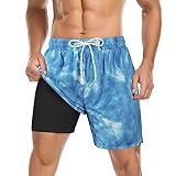 Mens Swim Shorts Summer Men's Swimwear Swimming Trunks with Compression Liner No-Chafing Boardshort Blue Tie Dye L